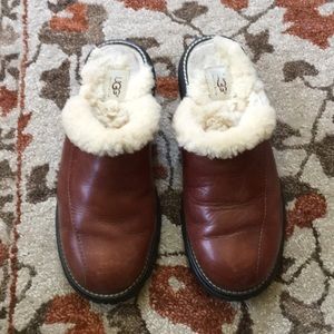 Brown Leather Shearling Mules